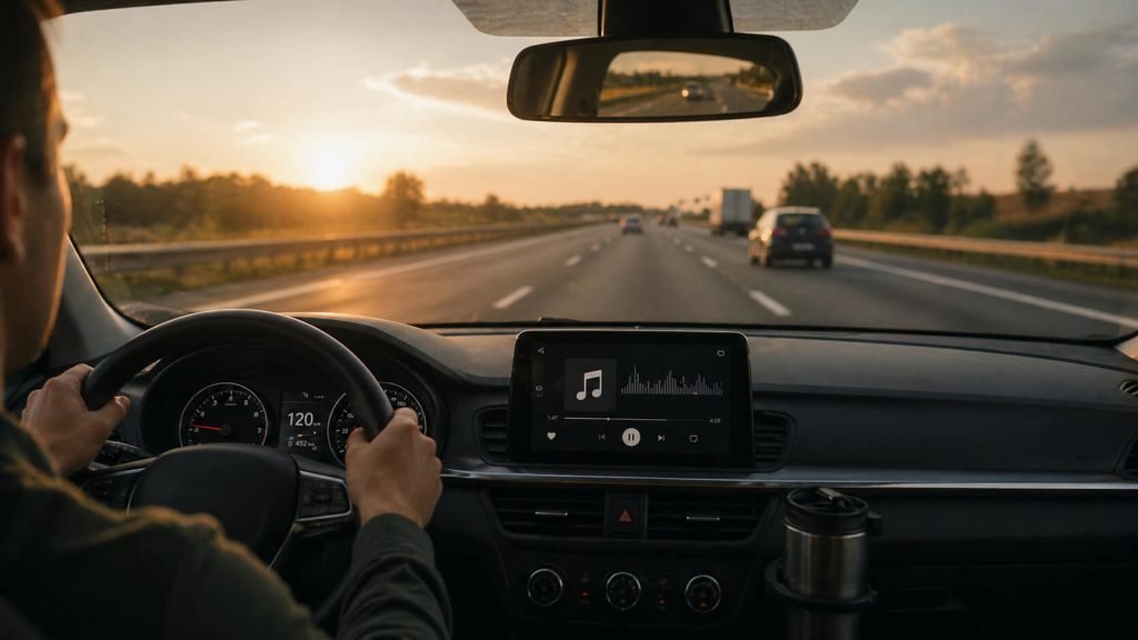 Bestuurder rijdt op snelweg bij zonsondergang met muziek tijdens lange autorit