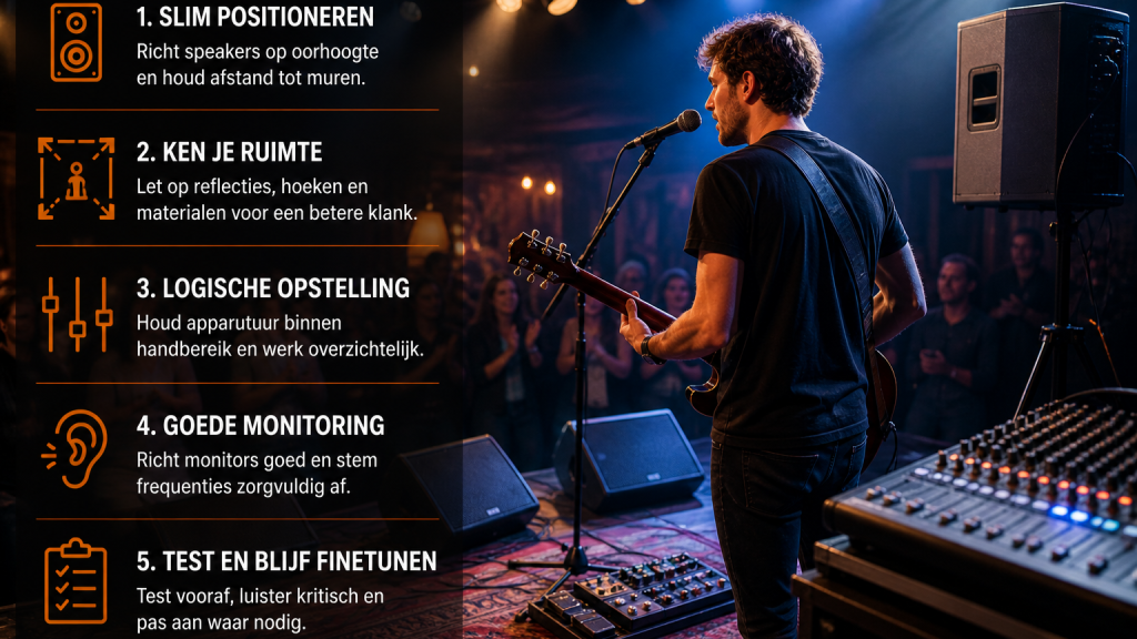 Overzicht van goede basisopstelling met tips voor positionering, ruimtegebruik en monitoring tijdens optreden