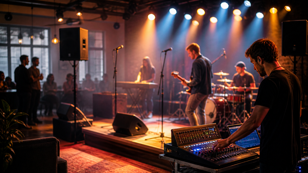 Live optreden met mixer en speakers toont goede basisopstelling voor helder geluid op het podium