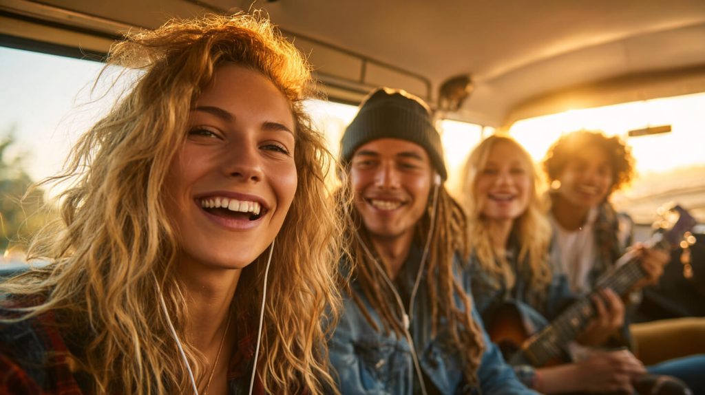 Vriendengroep luistert samen naar groepsreis muziek tijdens een lange autorit