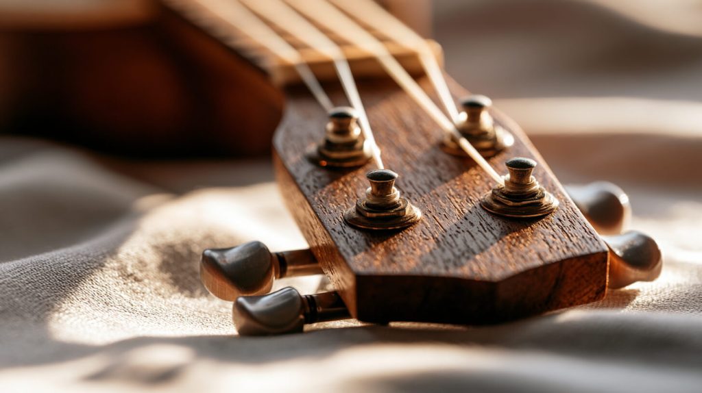 Close-up van de stemmechaniek en snaren van een ukelele in zacht zonlicht