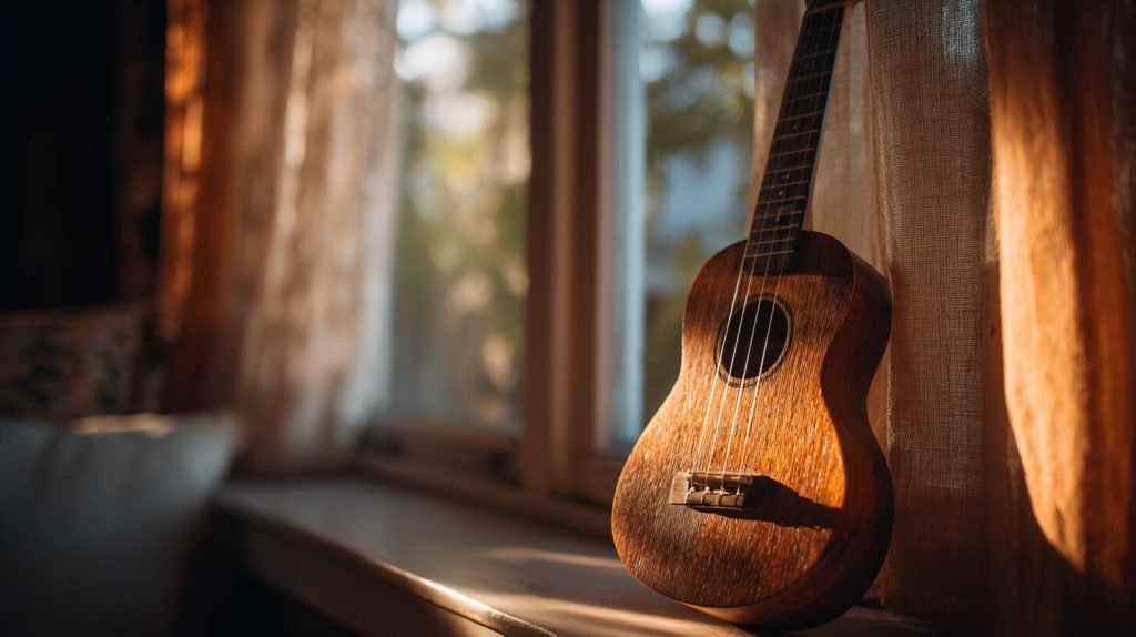 Ukelele leunend tegen een vensterbank met warm avondlicht door het raam