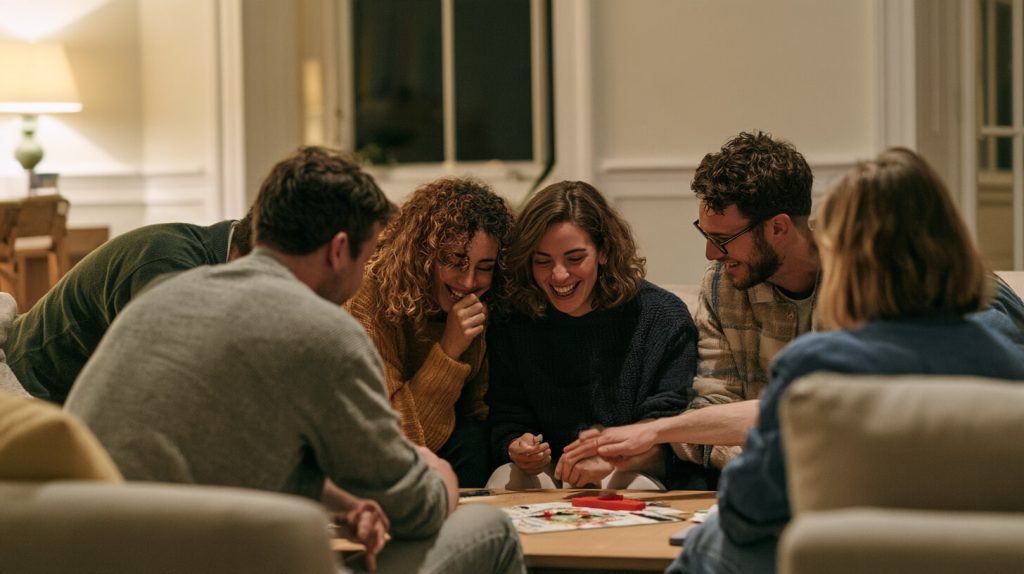 Vrienden lachen samen aan een salontafel tijdens een gezellige spelletjesavond in een huiskamer met lamplicht